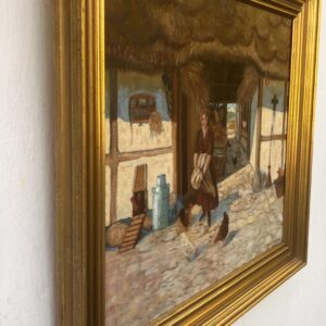 Vintage Impressionist Oil Painting: Danish Farm Scene, Woman and Chickens - Image 4