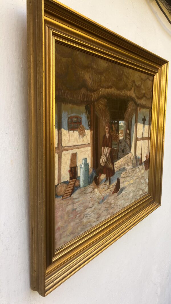 Vintage Impressionist Oil Painting: Danish Farm Scene, Woman and Chickens