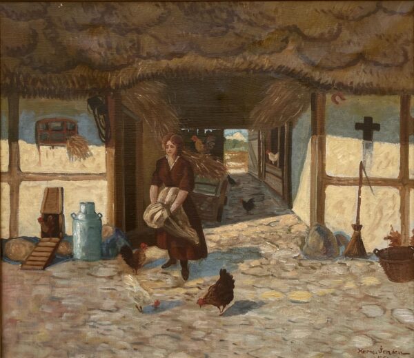 Vintage Impressionist Oil Painting: Danish Farm Scene, Woman and Chickens