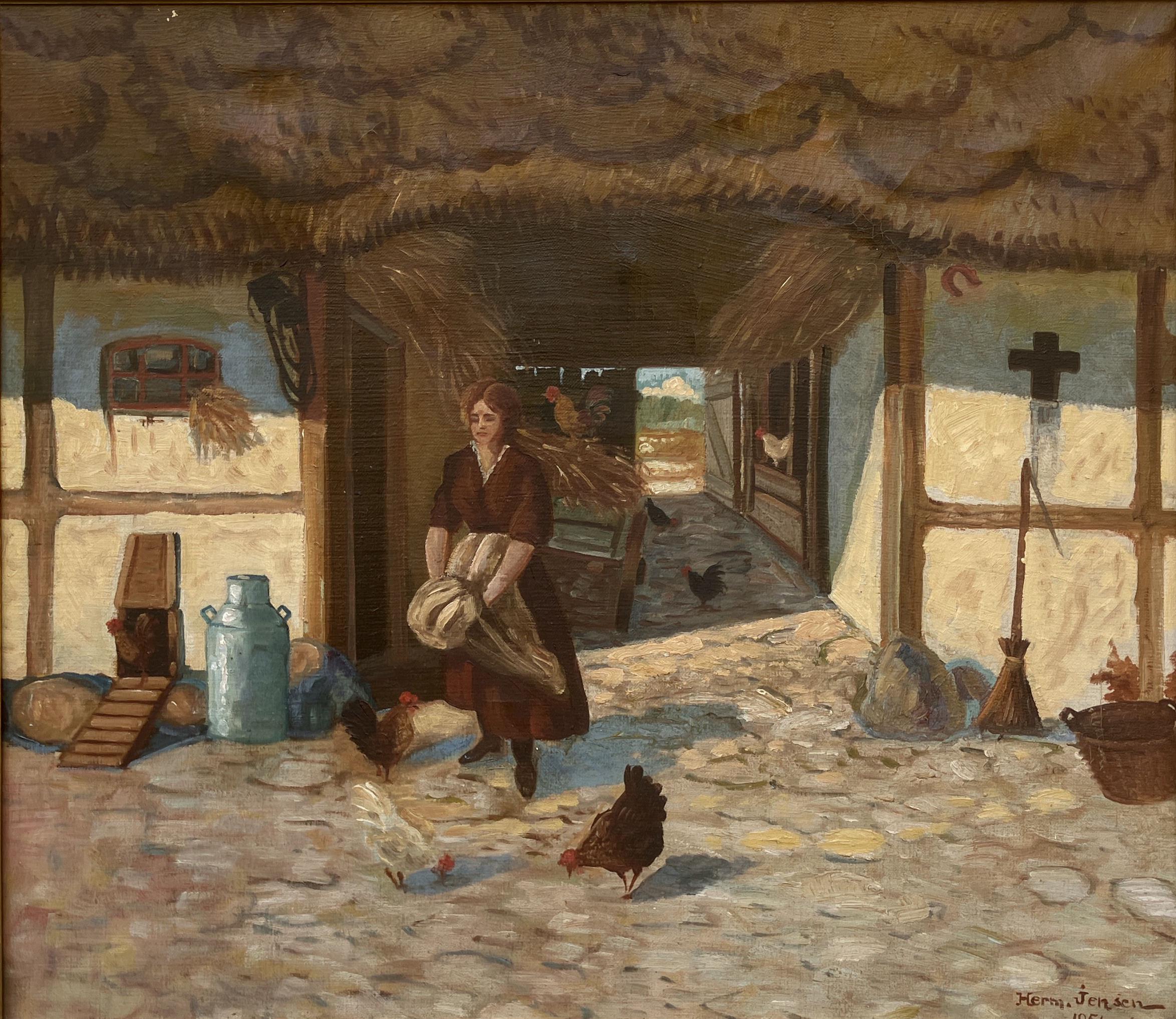 Vintage Impressionist Oil Painting: Danish Farm Scene, Woman and Chickens - Image 6