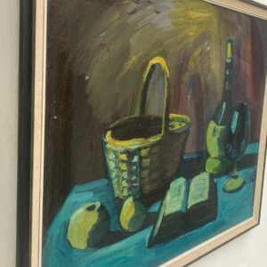 Vintage Expressionist Oil Painting: Danish Still Life with Basket, 1964 - Image 4