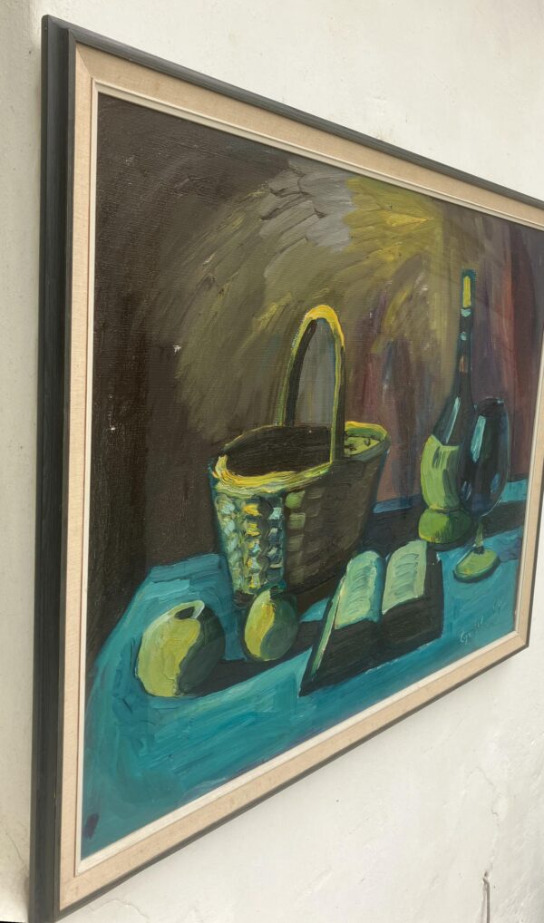 Vintage Expressionist Oil Painting: Danish Still Life with Basket, 1964