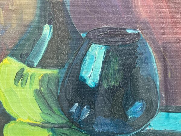 Vintage Expressionist Oil Painting: Danish Still Life with Basket, 1964