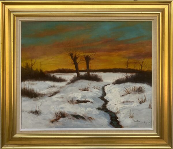Vintage Impressionist Oil Painting by Finn Dannerfjord - Snowy Sunset Landscape, Framed Danish Fine Art