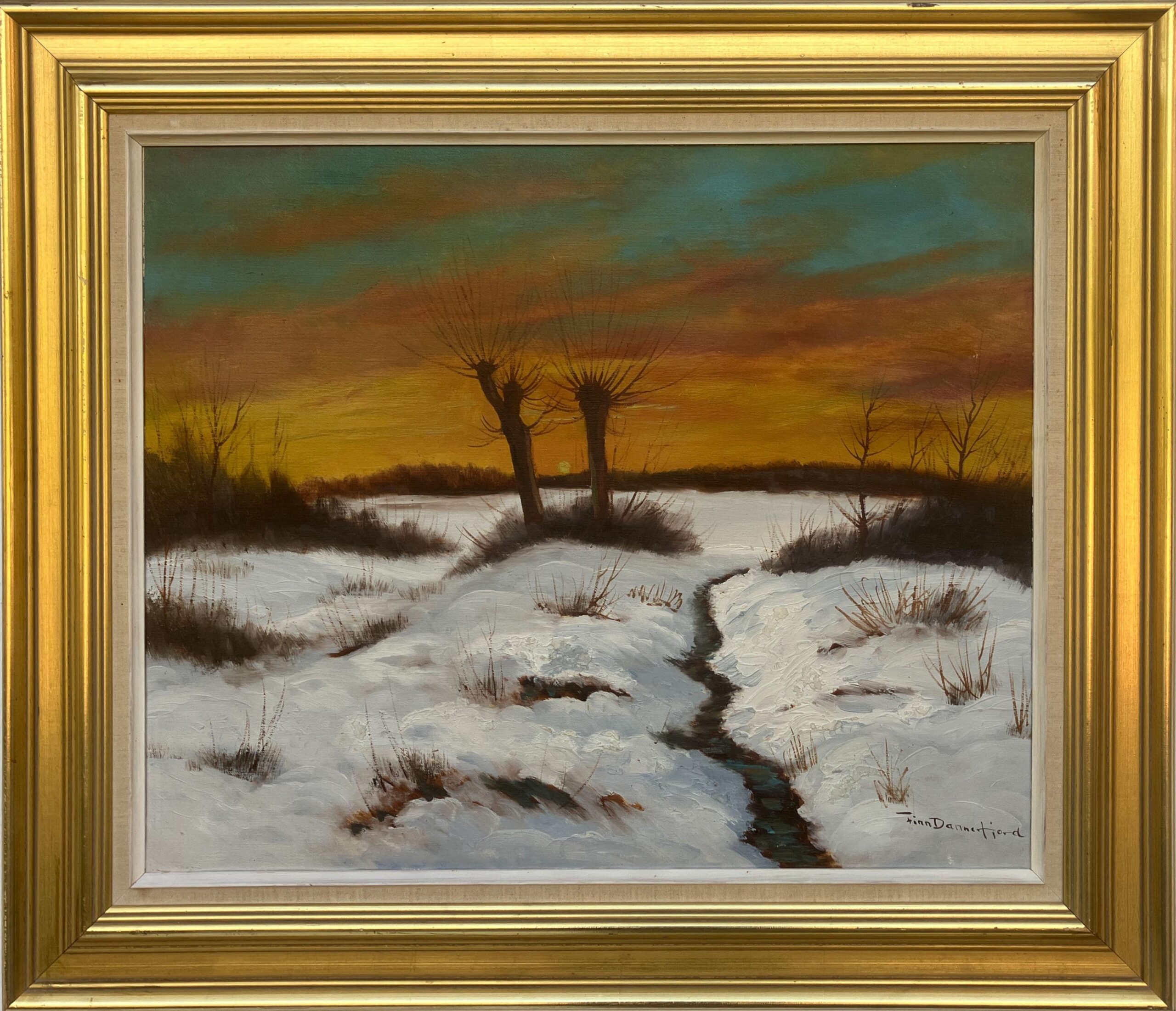 Vintage Impressionist Oil Painting by Finn Dannerfjord - Snowy Sunset Landscape, Framed Danish Fine Art - Image 8