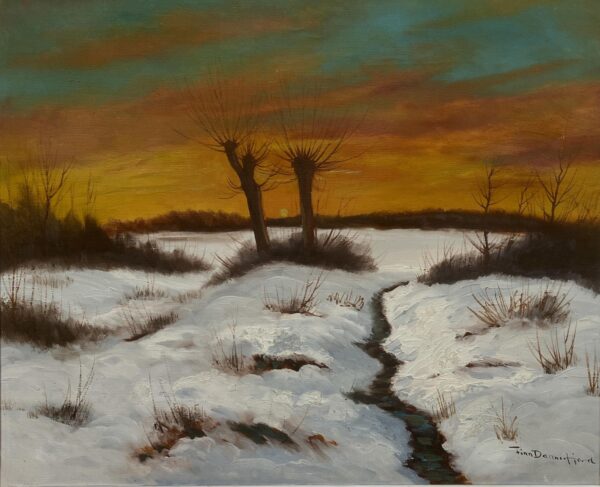Vintage Impressionist Oil Painting by Finn Dannerfjord - Snowy Sunset Landscape, Framed Danish Fine Art