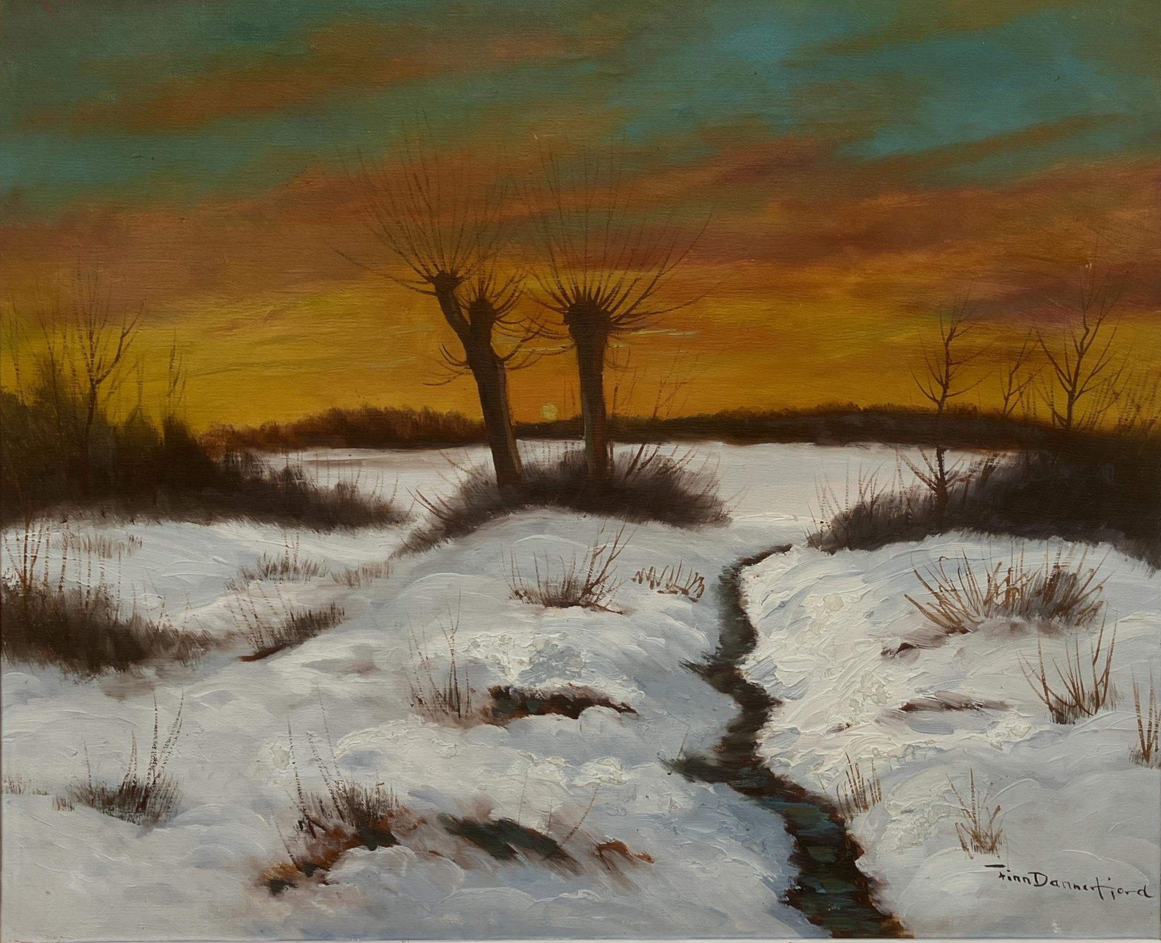 Vintage Impressionist Oil Painting by Finn Dannerfjord - Snowy Sunset Landscape, Framed Danish Fine Art - Image 9