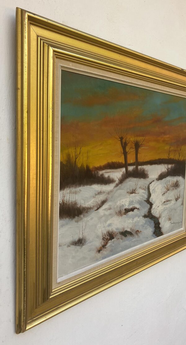 Vintage Impressionist Oil Painting by Finn Dannerfjord - Snowy Sunset Landscape, Framed Danish Fine Art