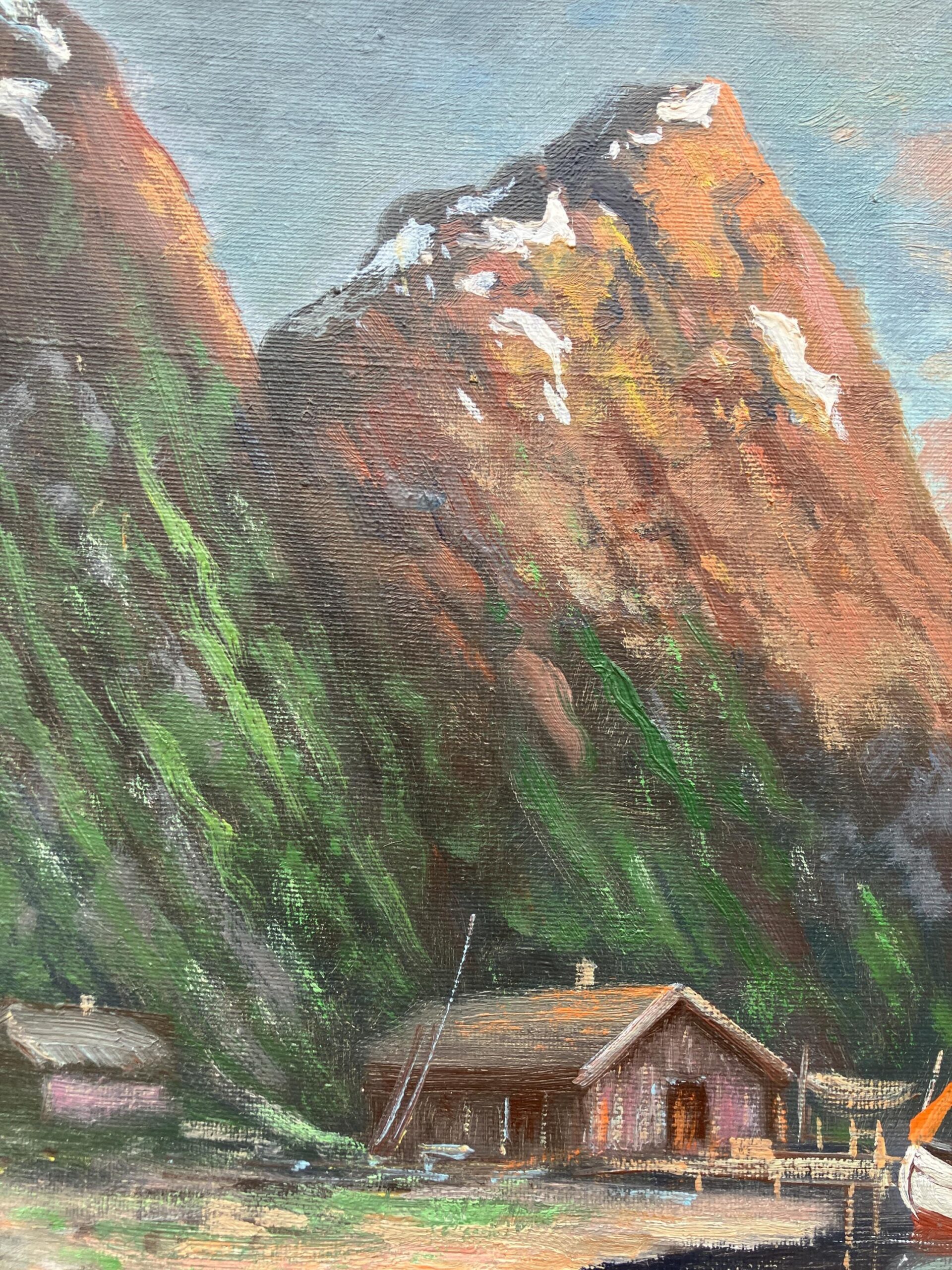 Vintage Norwegian Fjord Oil Painting: Impressionist Landscape with Boat, Framed - Image 7