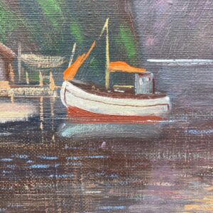 Vintage Norwegian Fjord Oil Painting: Impressionist Landscape with Boat, Framed - Image 6