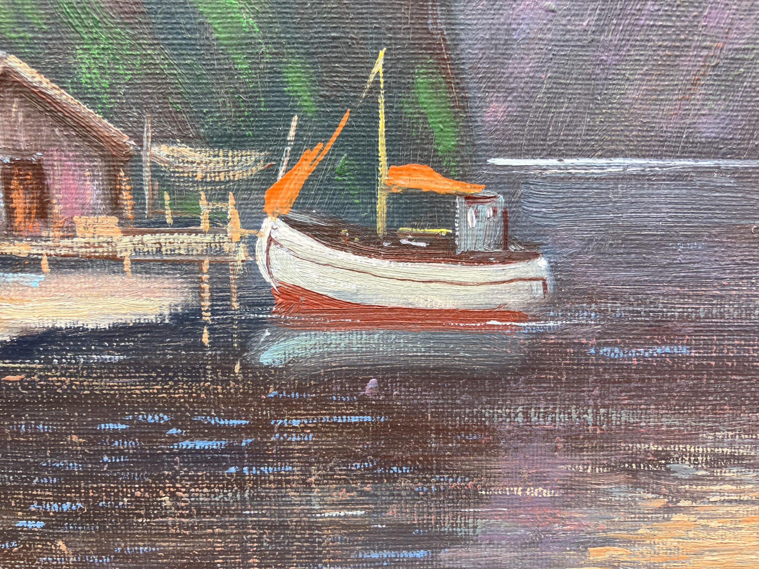 Vintage Norwegian Fjord Oil Painting: Impressionist Landscape with Boat, Framed - Image 6