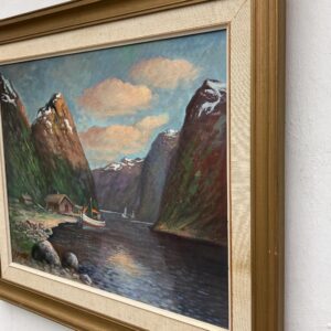 Vintage Norwegian Fjord Oil Painting: Impressionist Landscape with Boat, Framed - Image 5