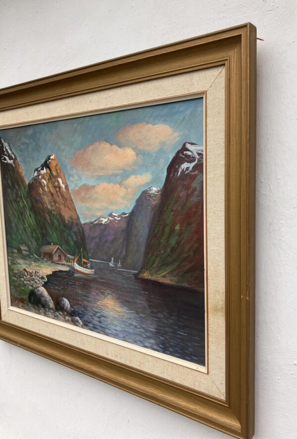 Vintage Norwegian Fjord Oil Painting: Impressionist Landscape with Boat, Framed