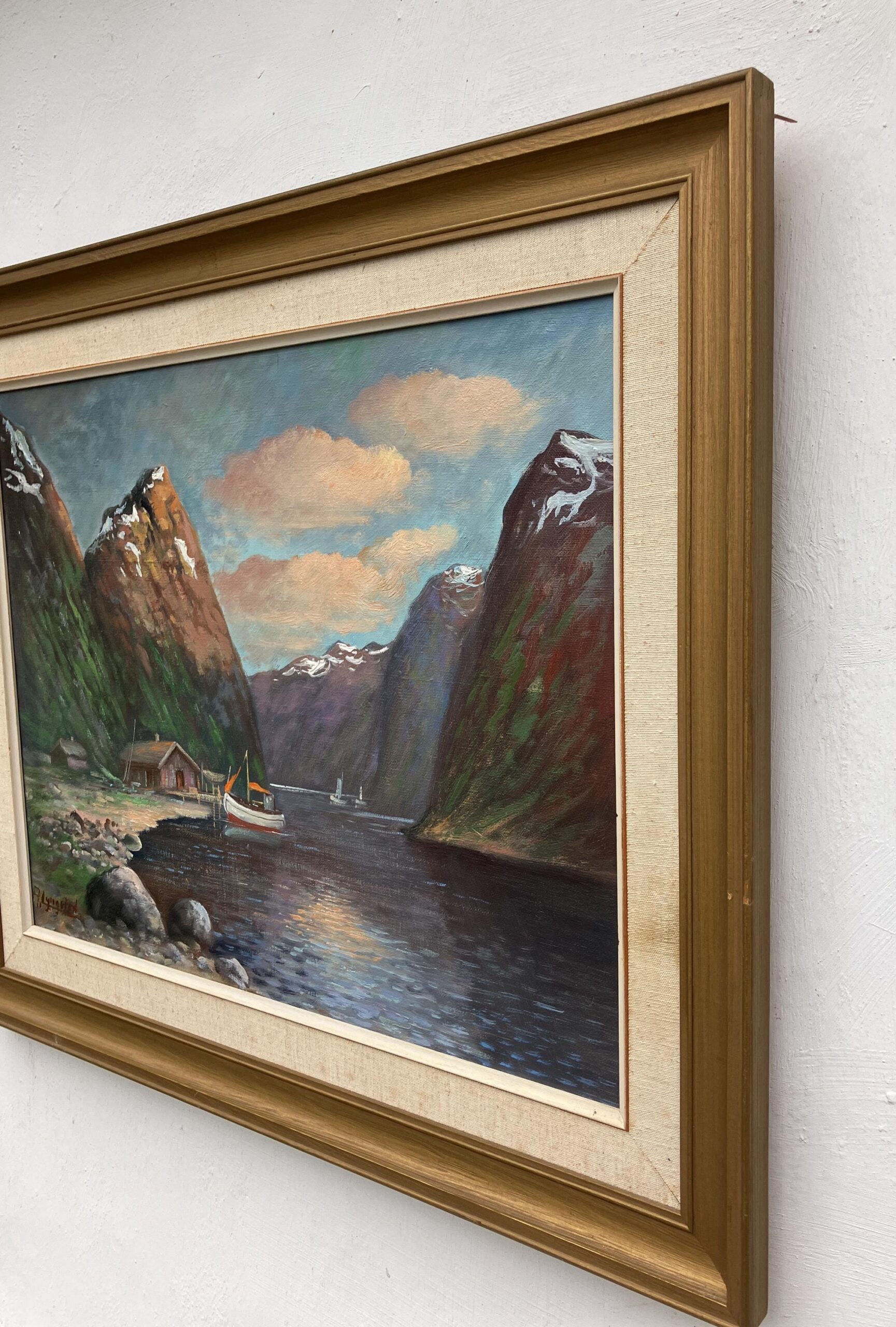 Vintage Norwegian Fjord Oil Painting: Impressionist Landscape with Boat, Framed - Image 5