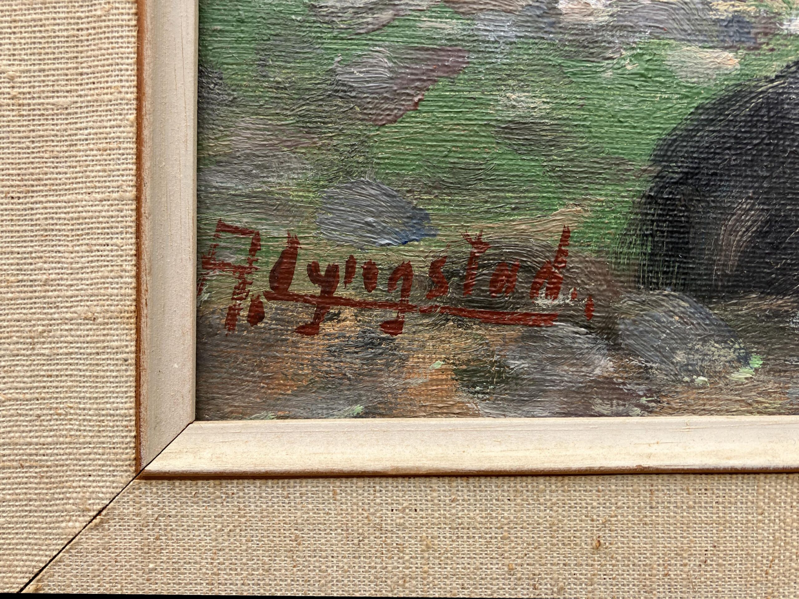 Vintage Norwegian Fjord Oil Painting: Impressionist Landscape with Boat, Framed - Image 3