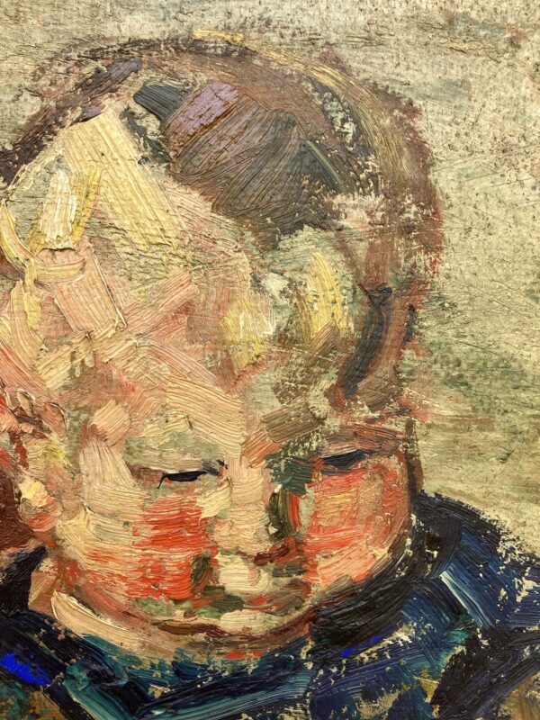 Smaller Vintage Danish Portrait – Child Study, Post-Impressionist Oil on Board, Ludvig Jacobsen, Midcentury