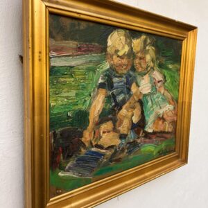 Framed Ludvig Jacobsen Oil Painting: Danish Children in Landscape, Mid-Century Nordic Art - Image 5