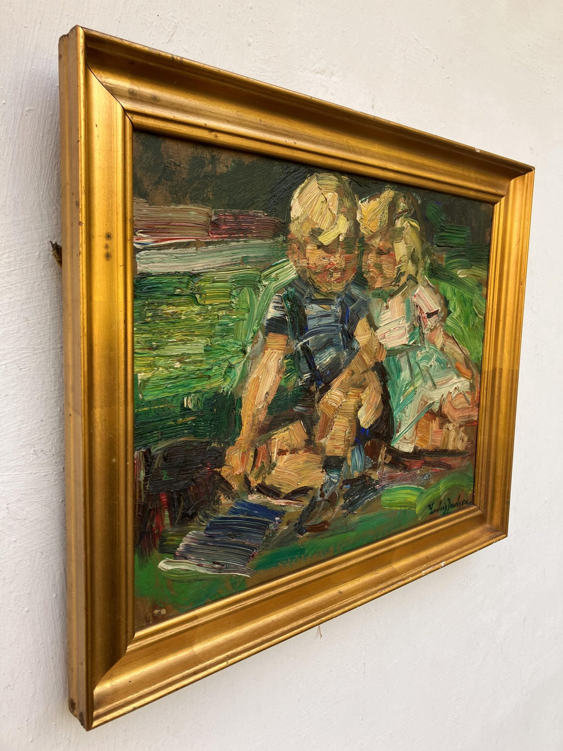 Framed Ludvig Jacobsen Oil Painting: Danish Children in Landscape, Mid-Century Nordic Art - Image 5