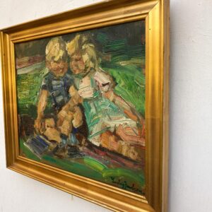 Framed Ludvig Jacobsen Oil Painting: Danish Children in Landscape, Mid-Century Nordic Art - Image 4