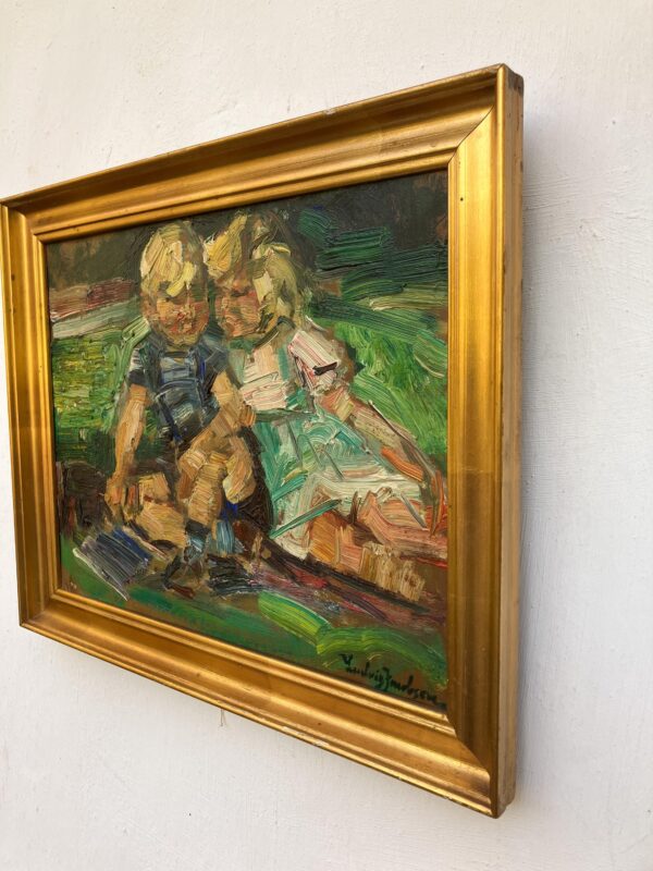 Framed Ludvig Jacobsen Oil Painting: Danish Children in Landscape, Mid-Century Nordic Art
