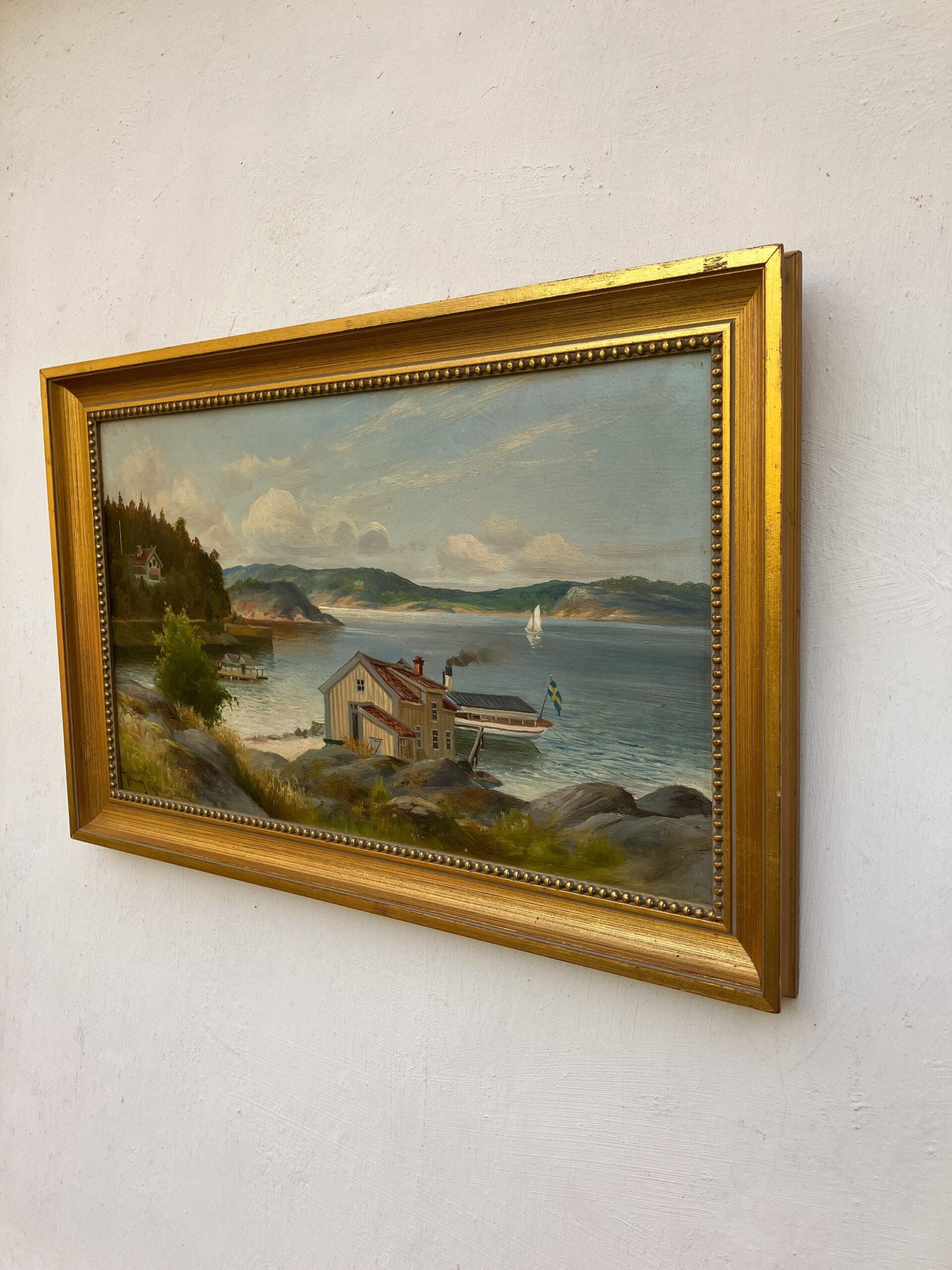 Swedish Vintage  Oil Painting, Coastal Lake Landscape, Scandinavian Framed Art Decor - Image 4