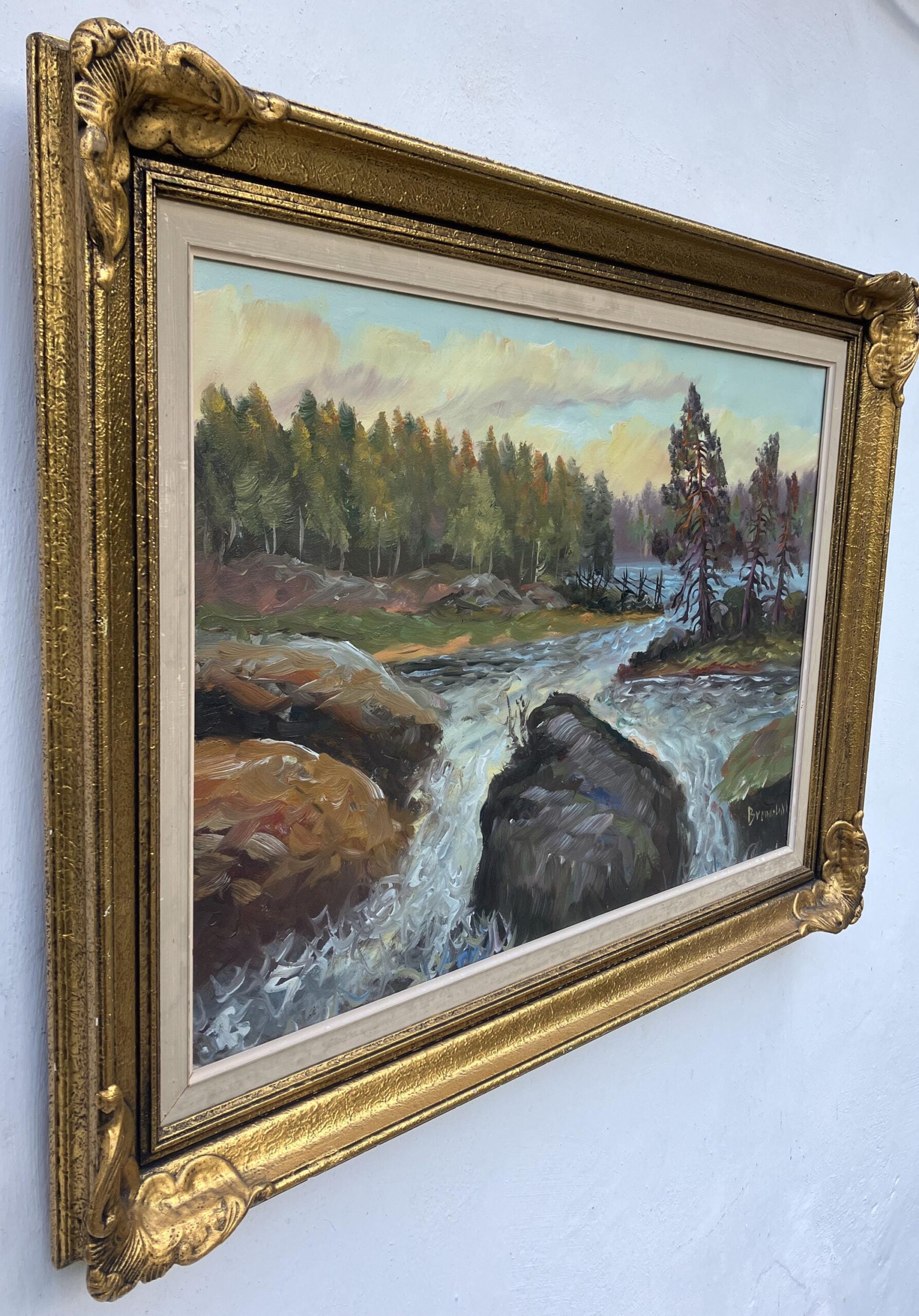 Vintage Swedish Impressionist Oil Painting: Forest Waterfall Landscape, Framed Nordic Art - Image 4