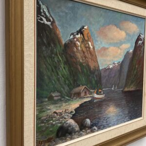 Vintage Norwegian Fjord Oil Painting: Impressionist Landscape with Boat, Framed - Image 4
