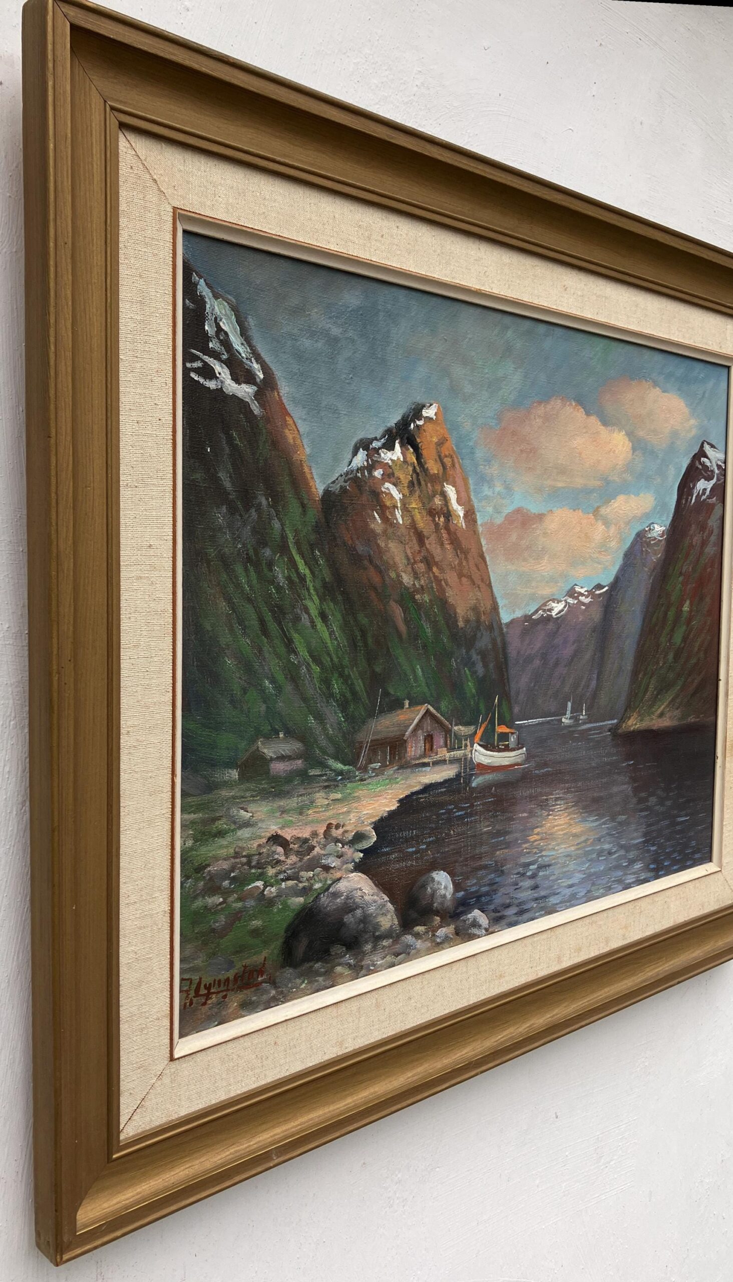 Vintage Norwegian Fjord Oil Painting: Impressionist Landscape with Boat, Framed - Image 4