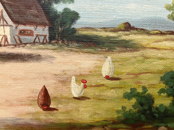 Original Swedish Oil Painting - Rustic Chicken Farm Scene - Scandinavian Mid Century Decor
