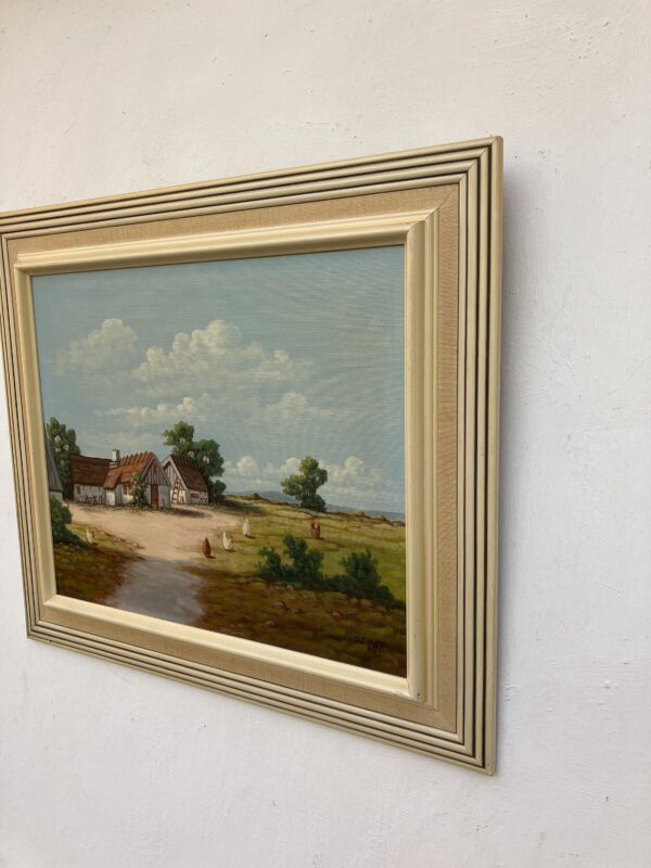 Original Swedish Oil Painting - Rustic Chicken Farm Scene - Scandinavian Mid Century Decor