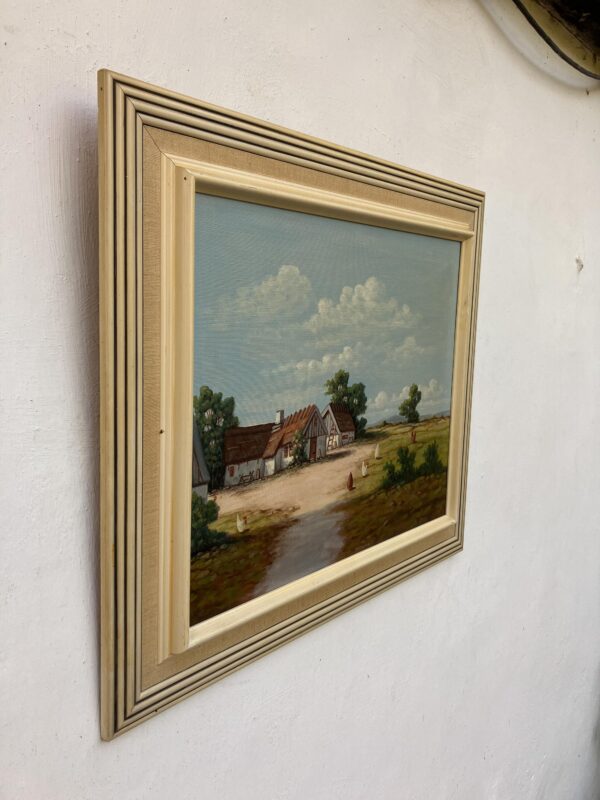 Original Swedish Oil Painting - Rustic Chicken Farm Scene - Scandinavian Mid Century Decor