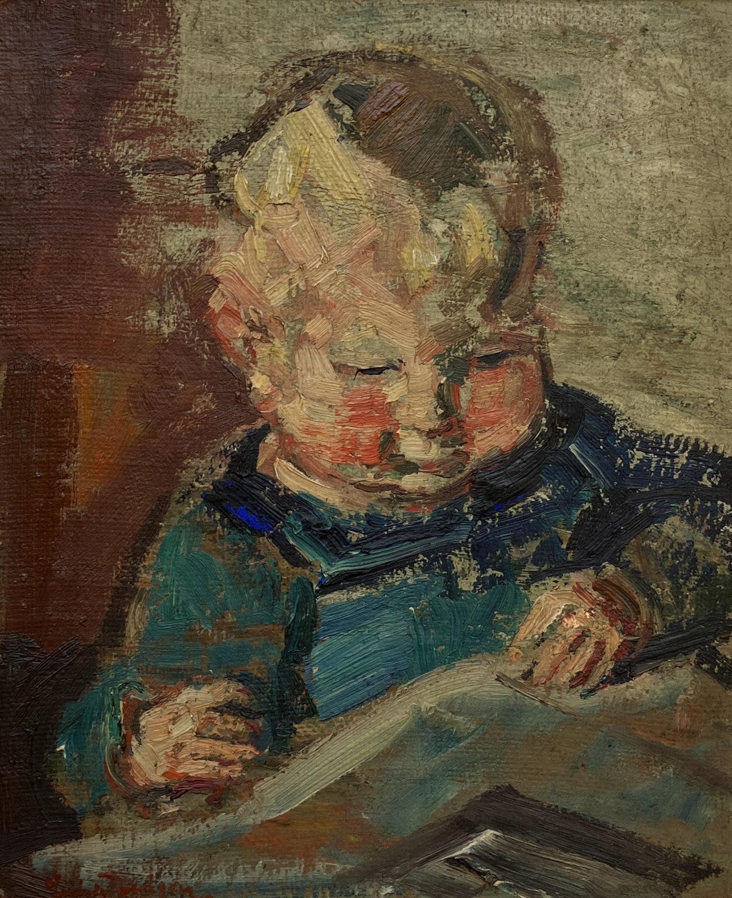 Smaller Vintage Danish Portrait – Child Study, Post-Impressionist Oil on Board, Ludvig Jacobsen, Midcentury - Image 5
