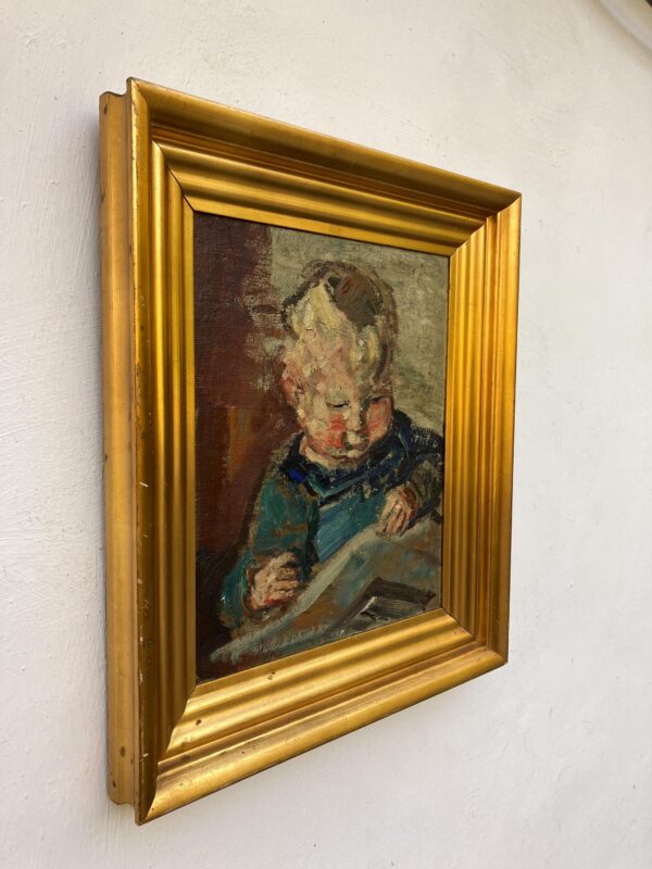 Smaller Vintage Danish Portrait – Child Study, Post-Impressionist Oil on Board, Ludvig Jacobsen, Midcentury