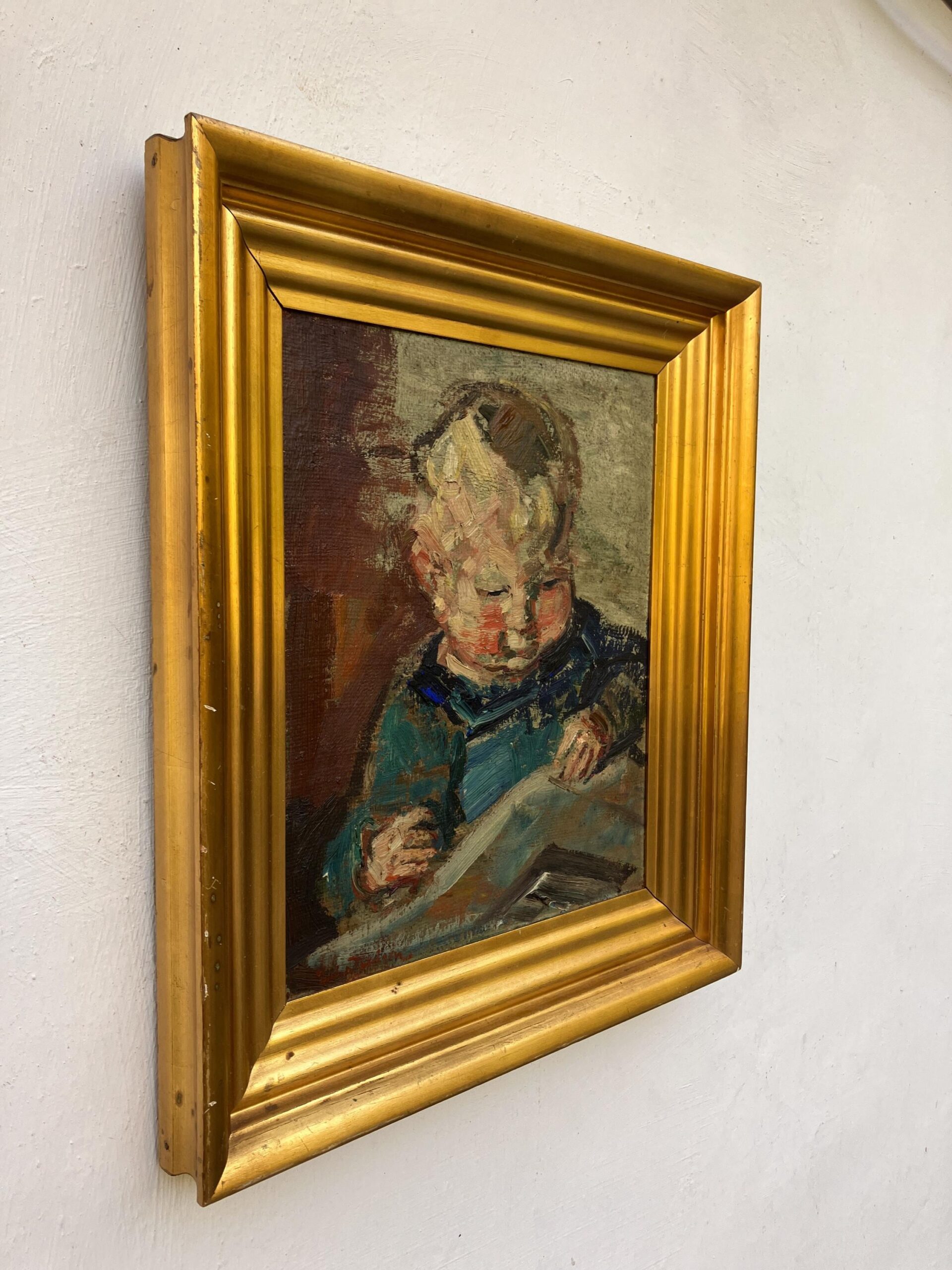 Smaller Vintage Danish Portrait – Child Study, Post-Impressionist Oil on Board, Ludvig Jacobsen, Midcentury - Image 7
