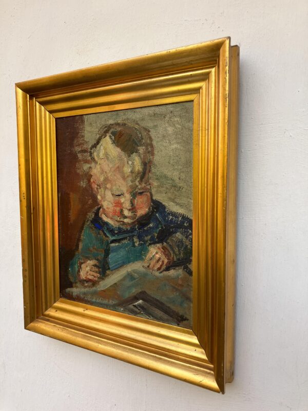 Smaller Vintage Danish Portrait – Child Study, Post-Impressionist Oil on Board, Ludvig Jacobsen, Midcentury