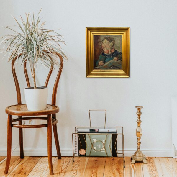 Smaller Vintage Danish Portrait – Child Study, Post-Impressionist Oil on Board, Ludvig Jacobsen, Midcentury