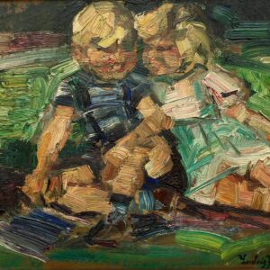 Framed Ludvig Jacobsen Oil Painting: Danish Children in Landscape, Mid-Century Nordic Art - Image 3