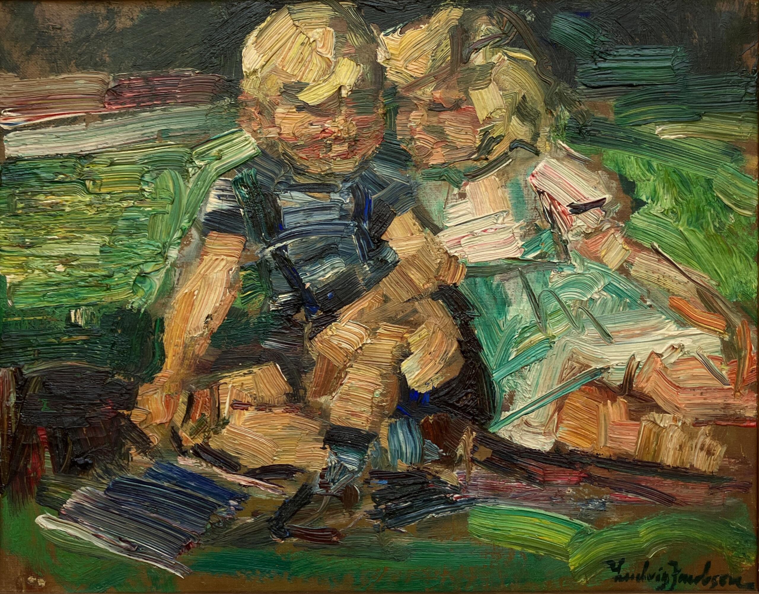 Framed Ludvig Jacobsen Oil Painting: Danish Children in Landscape, Mid-Century Nordic Art - Image 3