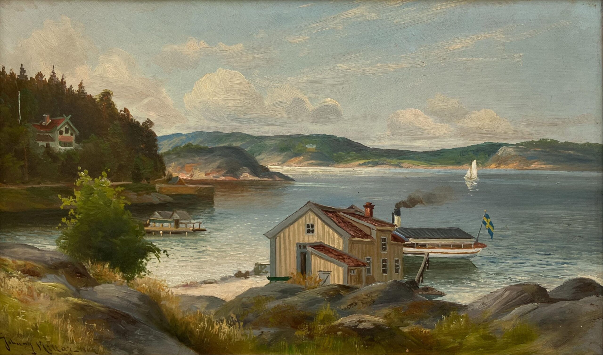 Swedish Vintage  Oil Painting, Coastal Lake Landscape, Scandinavian Framed Art Decor - Image 6