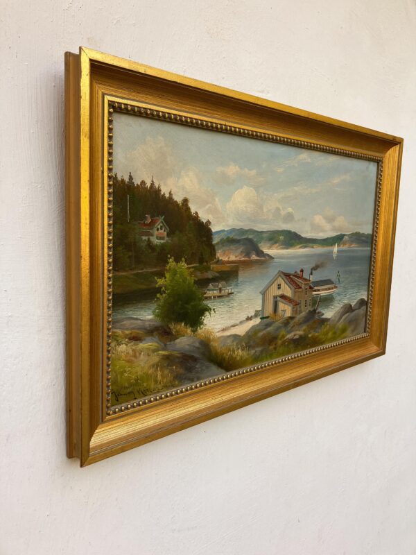 Swedish Vintage  Oil Painting, Coastal Lake Landscape, Scandinavian Framed Art Decor