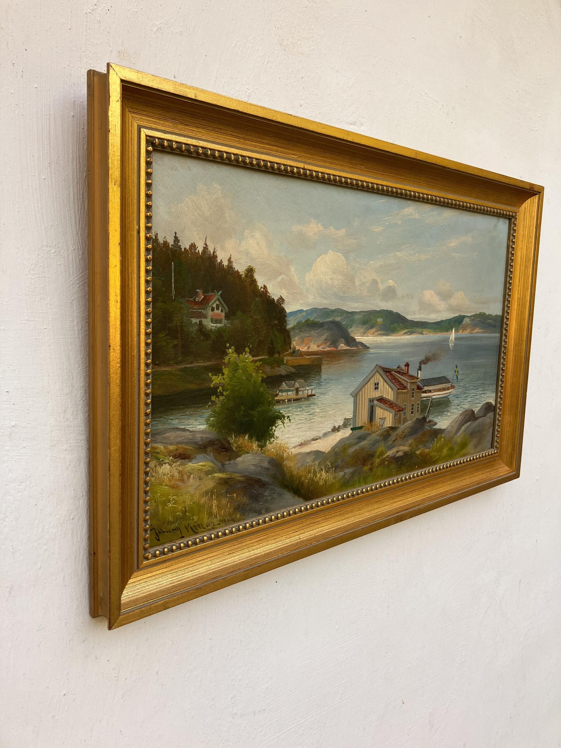 Swedish Vintage  Oil Painting, Coastal Lake Landscape, Scandinavian Framed Art Decor - Image 5
