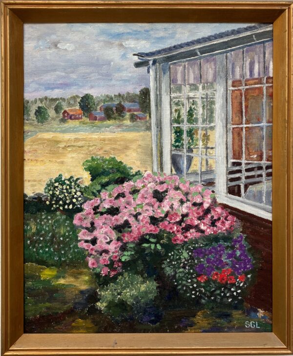 Scandinavian Impressionist Oil Painting – Blooming Garden View, Swedish Fine Art, Framed Landscape, original artwork