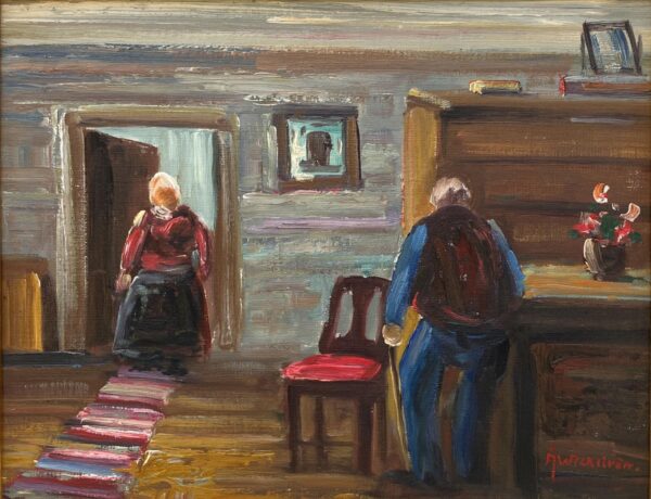 Expressionist Oil Painting – Scandinavian Folk Scene, Framed Vintage Art,