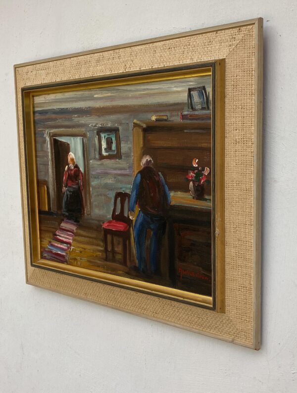 Expressionist Oil Painting – Scandinavian Folk Scene, Framed Vintage Art,