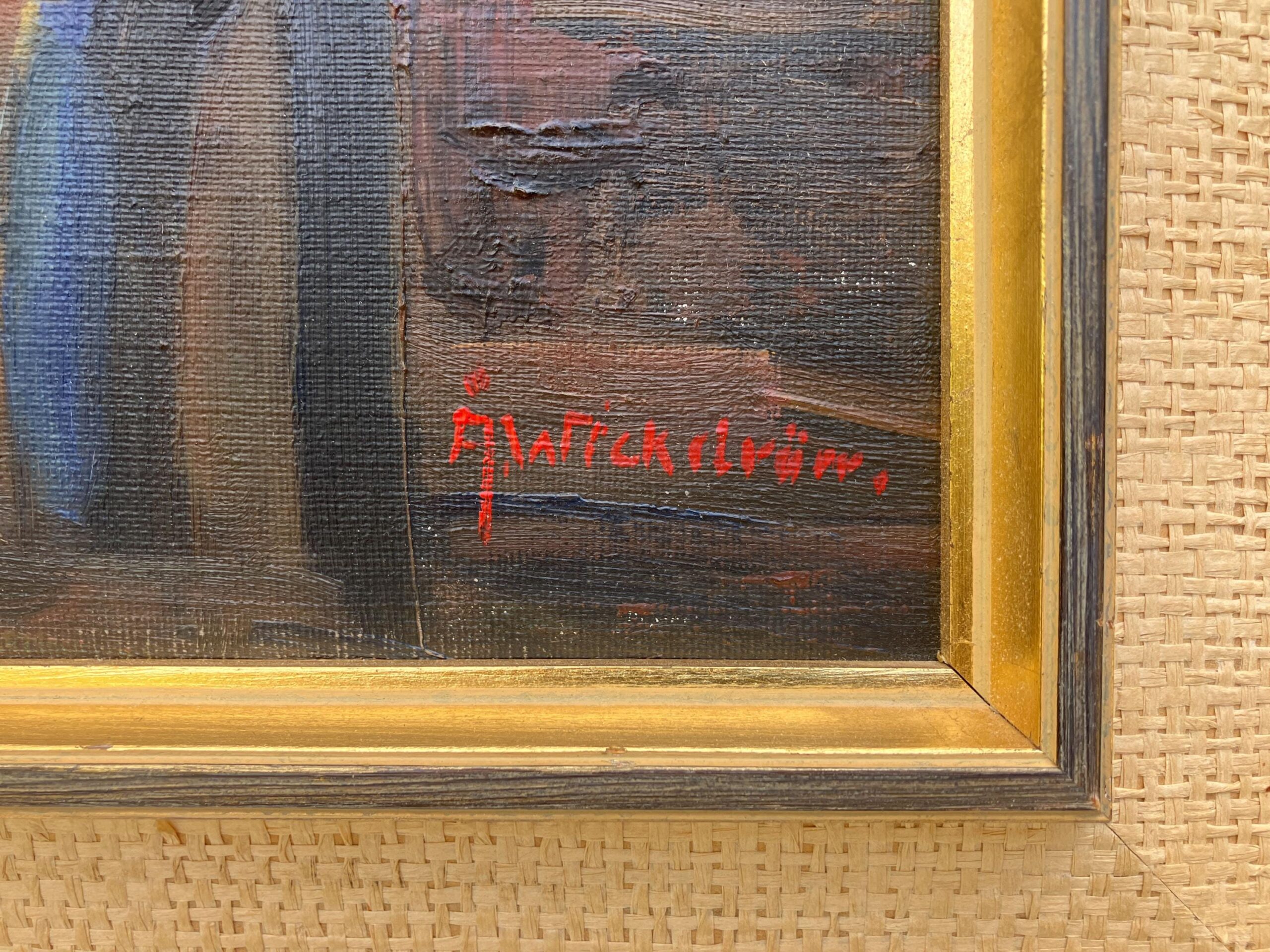 Expressionist Oil Painting – Scandinavian Folk Scene, Framed Vintage Art, - Image 6