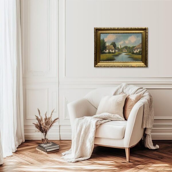 Original Danish Realist Oil Painting – Rural Cottages by River, Framed  Fine Art