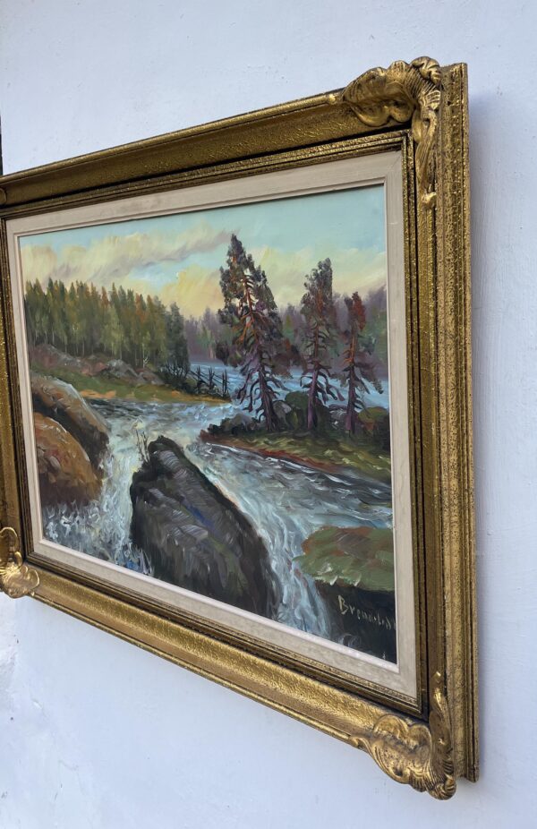 Vintage Swedish Impressionist Oil Painting: Forest Waterfall Landscape, Framed Nordic Art