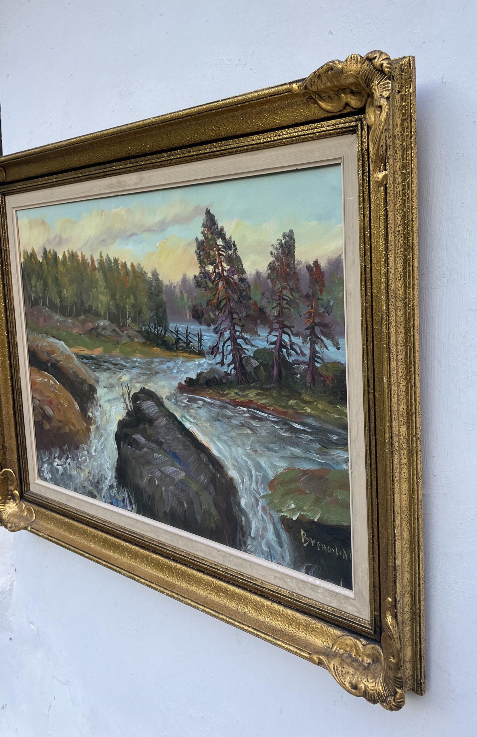 Vintage Swedish Impressionist Oil Painting: Forest Waterfall Landscape, Framed Nordic Art - Image 3