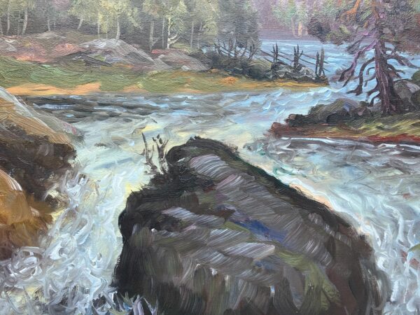 Vintage Swedish Impressionist Oil Painting: Forest Waterfall Landscape, Framed Nordic Art