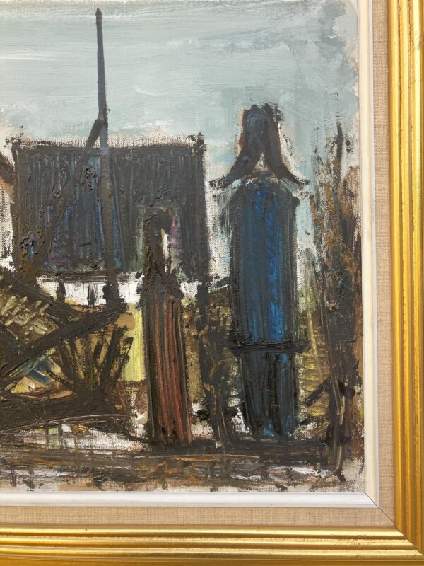 Large Danish Coastal Village Painting: 1970s Naïve Expressionist Art, Framed Original Artwork